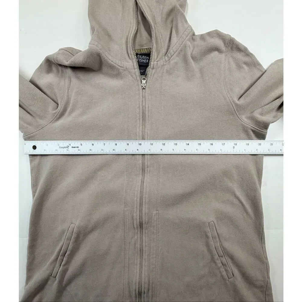 Eileen Fisher Organic Cotton Zip Jacket Funnel Neck Minimalist Beige Women L
